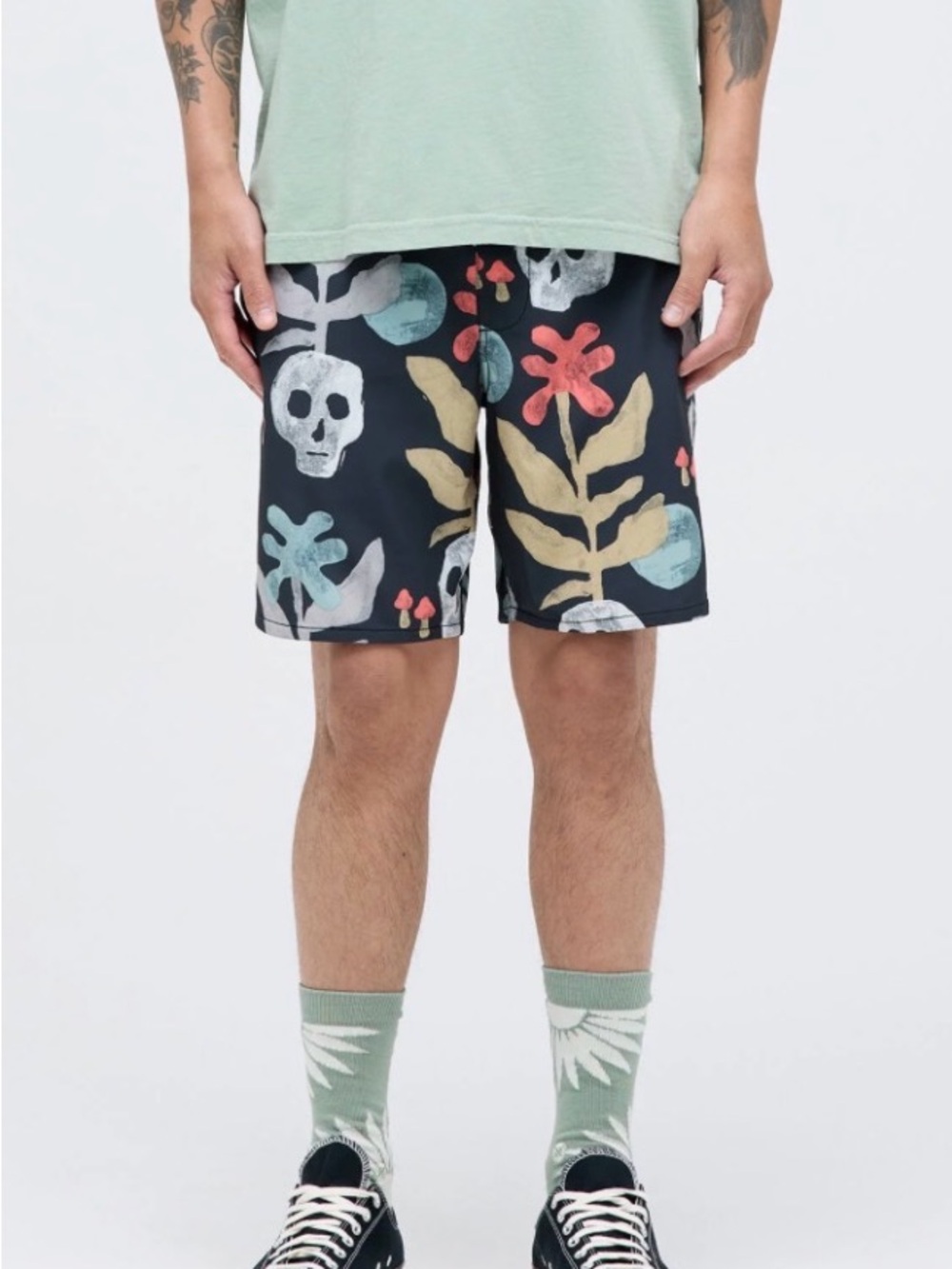 Stance Black Floral & Skull Print Athletic Shorts with Muted Accents